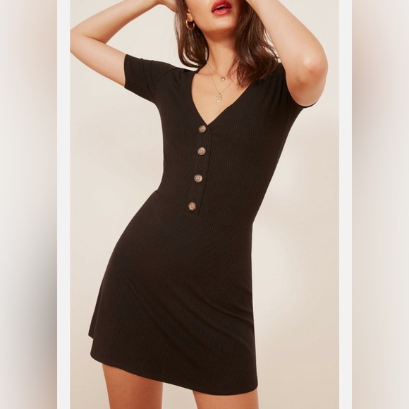 Reformation Black Mini Dress with Button Detail - Picture 3 of 15